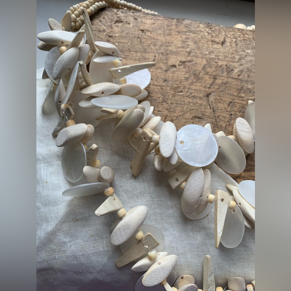 Beautiful Sea Shell & Light Wood Beads Three Strand Necklace Women’s Jewelry